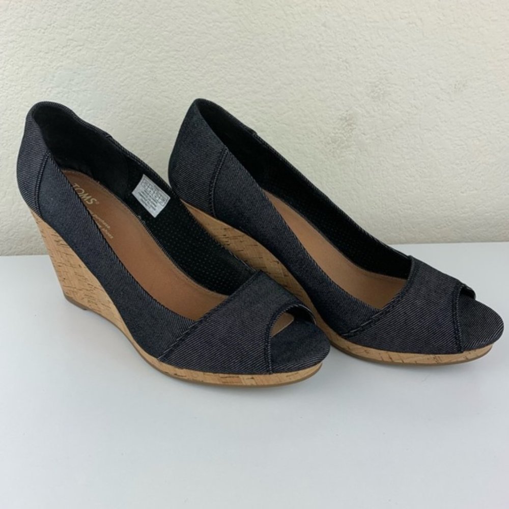 TOMS Black Denim Stella Peep-Toe Wedge | Sz 9.5